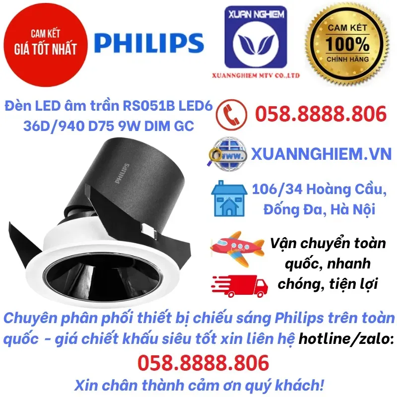 Đèn LED âm trần RS051B LED6 36D/940 D75 9W DIM GC