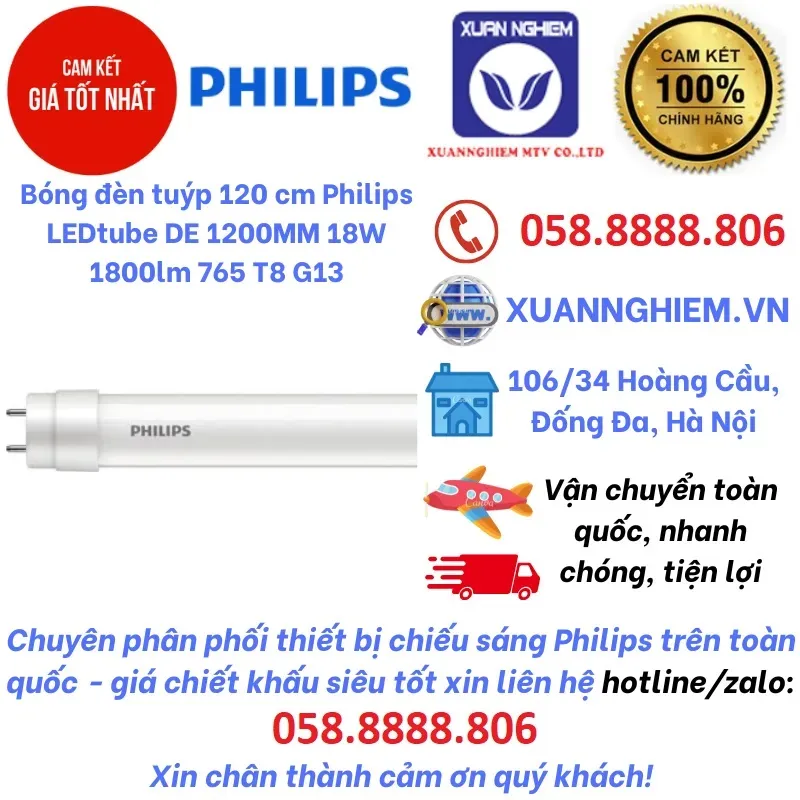 Bóng đèn tuýp 120 cm Philips LEDtube DE 1200MM 18W 1800lm 765 T8 G13