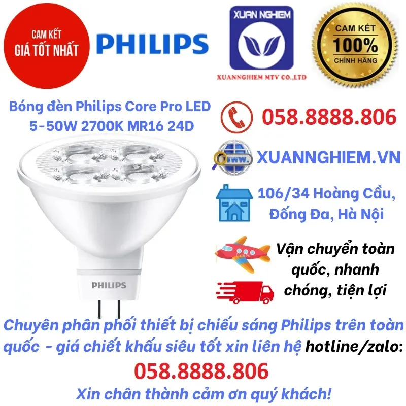 Bóng đèn Philips CorePro LED 5-50W 6500K MR16 24D CN GU5.3