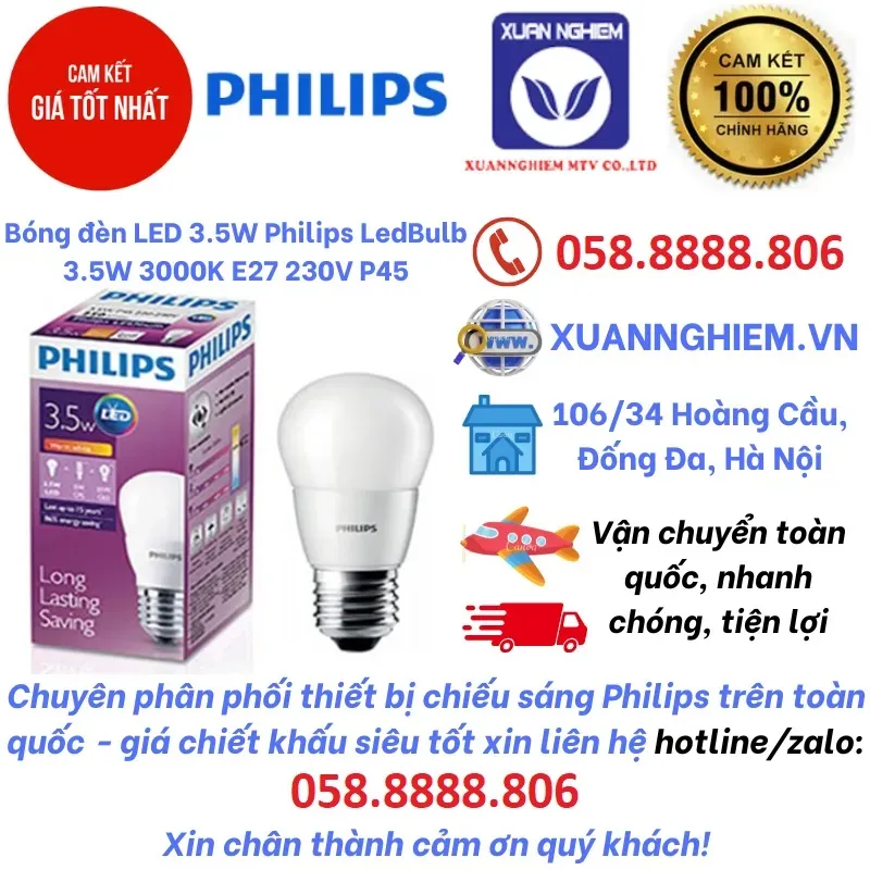 Bóng đèn LED 3.5W Philips LedBulb 3.5W 3000K E27 230V P45