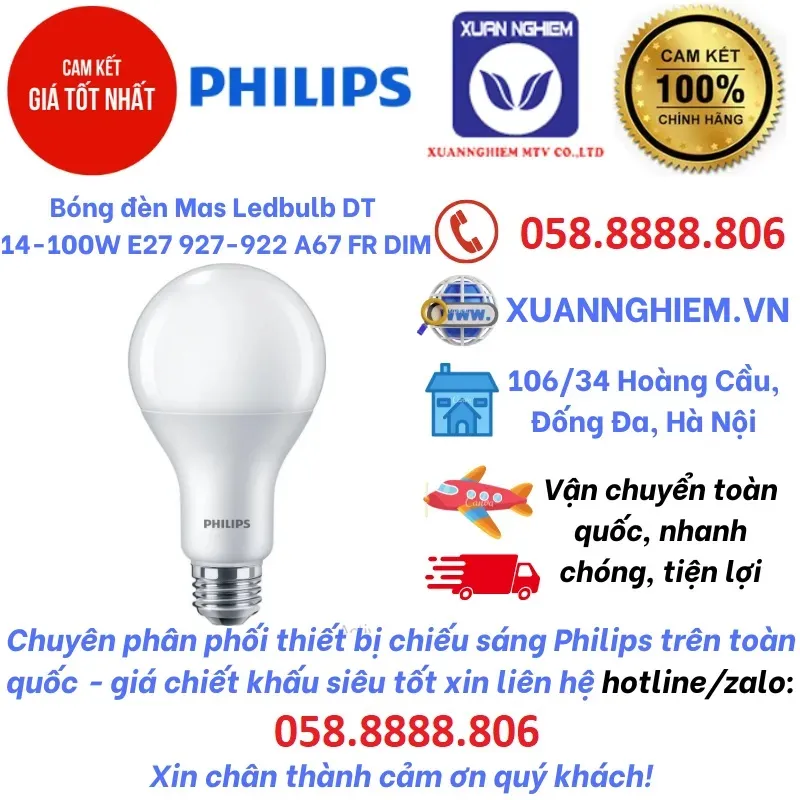 Bóng đèn Mas Ledbulb DT 14-100W E27 927-922 A67 FR DIM