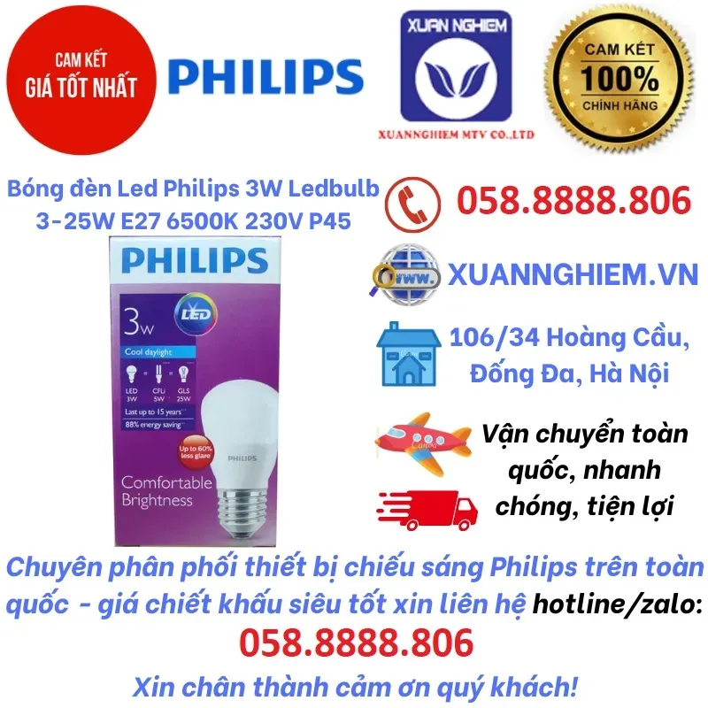 Bóng đèn Led Philips  3W Ledbulb  3-25W E27 6500K 230V P45