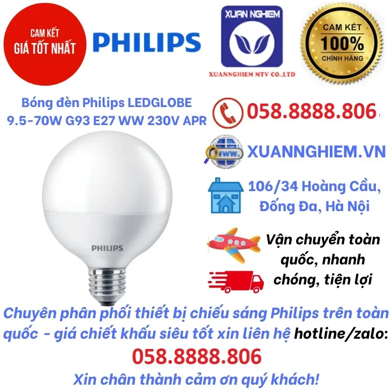 Bóng đèn Philips LEDGLOBE 8.5-70W G93 E27 CDL 230V APR