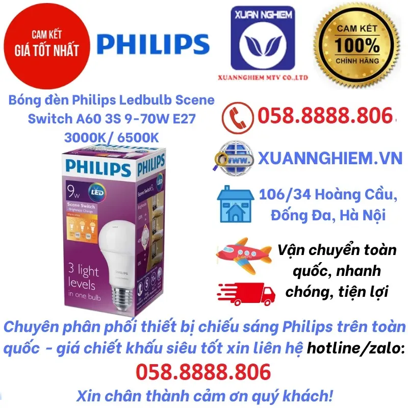 Bóng đèn Philips Ledbulb Scene Switch A60 3S 9-70W E27 3000K/ Scene Switch A60 3S 9-70W E27 6500K