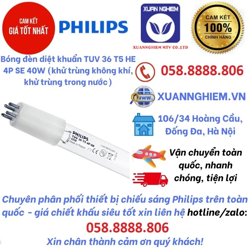 Bóng đèn diệt khuẩn TUV 36 T5 HE 4P SE 40W (khử trùng không khí, khử trùng trong nước)