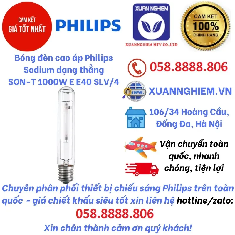 Bóng đèn cao áp Philips Sodium dạng thẳng SON-T 1000W E E40 SLV/4