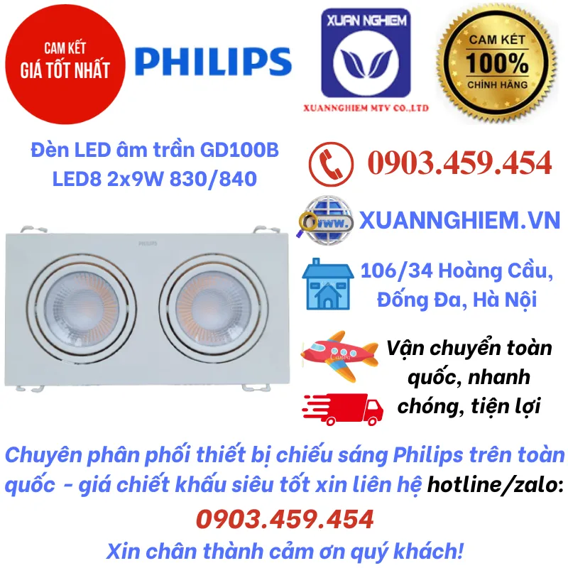 Đèn LED âm trần GD100B LED8 2x9W 830/840