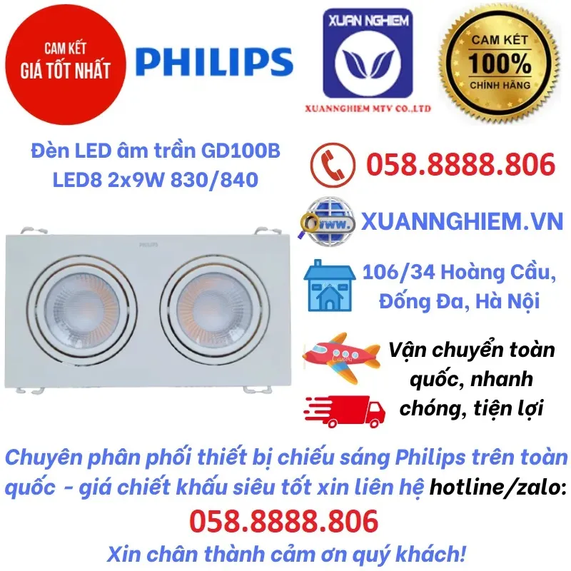 Đèn LED âm trần GD100B LED8 2x9W 830/840