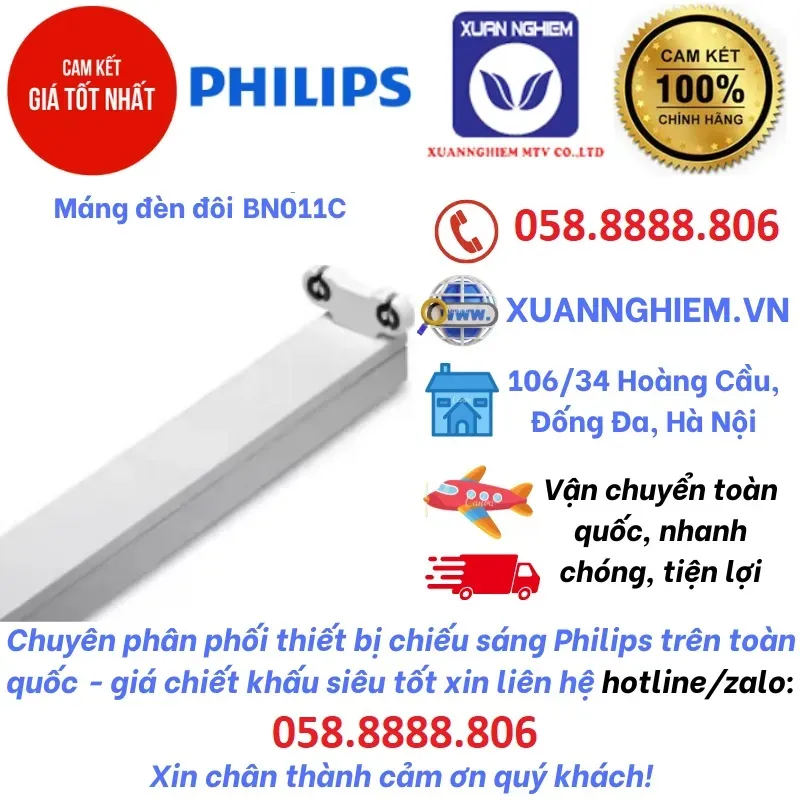 Máng đèn đôi 2 đầu điện không chóa BN011C DE 2xTLED L1200 G2 GC